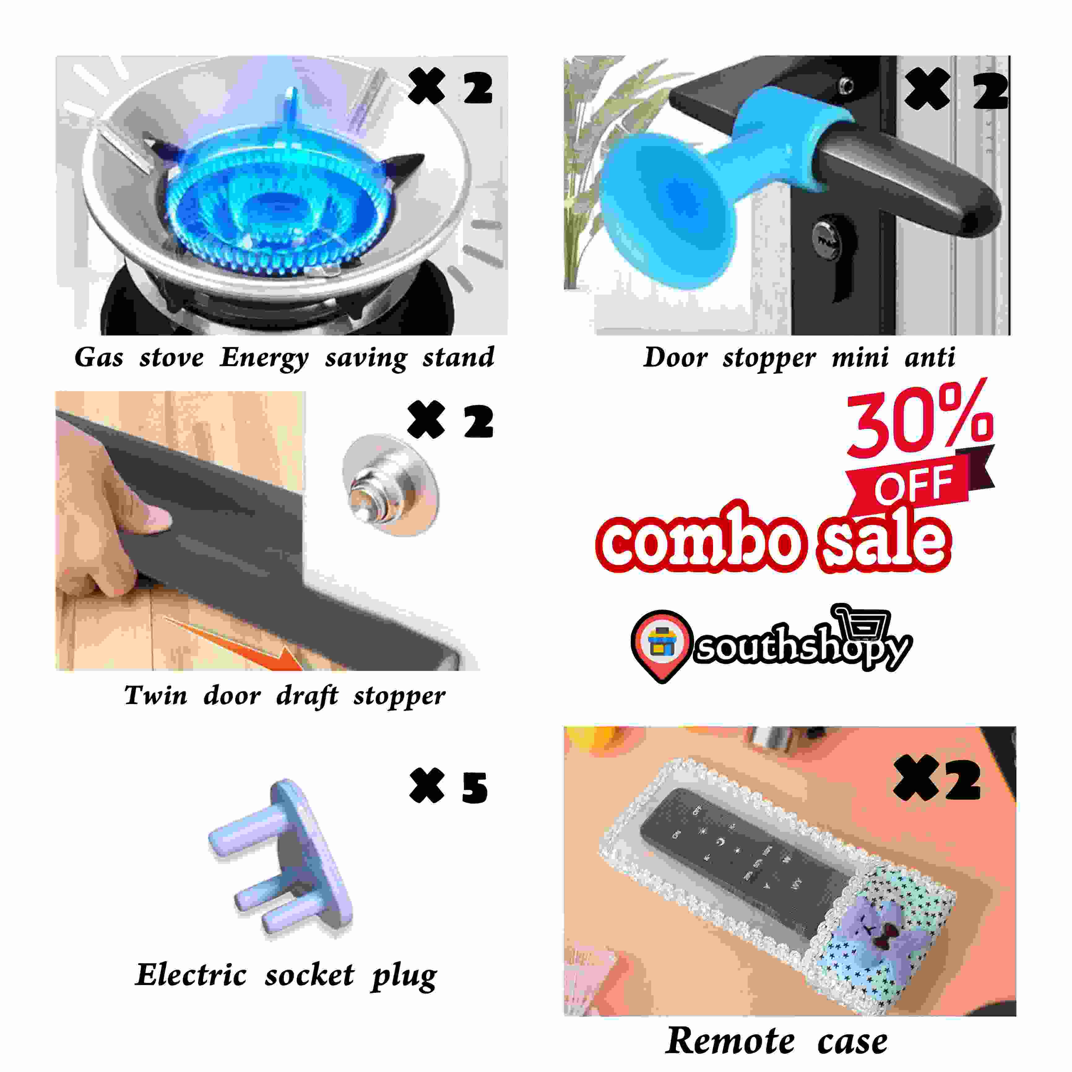 Windproof Gas Stove Stand 2pc & Silicon Door Stopper 2pc & Door Gap Protector 2pc & Electric Socket Cover 5pc & Remote Cover 2pc COMBO (5 in one combo)